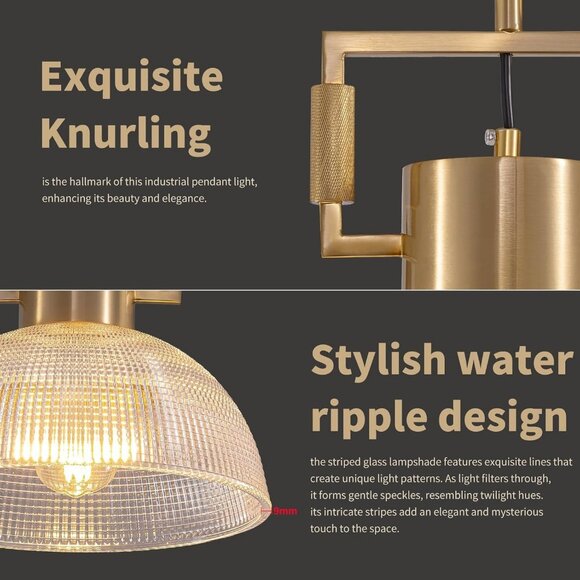 NEW 11.8" Gold Glass Pendant Light Modern Vintage Fluted Dome Shade - Picture 4 of 5